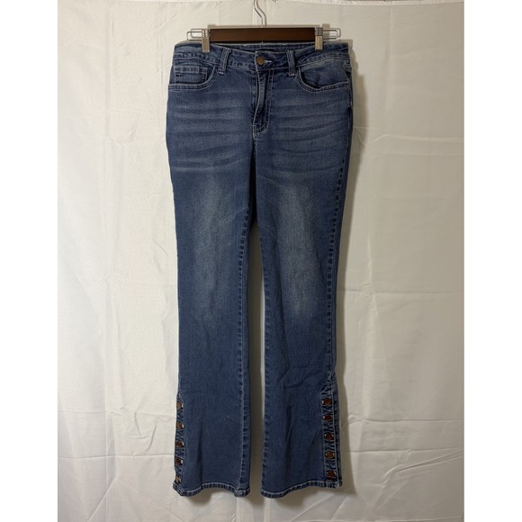 Flamingals Pants - Flamingals Flared Jeans Womens Sz L (32x32) Mid Rise Side Seam Detail Stretch